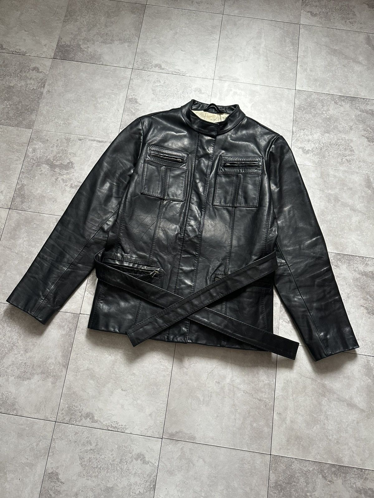 Gap × Vintage Vintage GAP Leather Black Belted Leather Biker Jacket Size M / US 6-8 / IT 42-44 - 3 Thumbnail