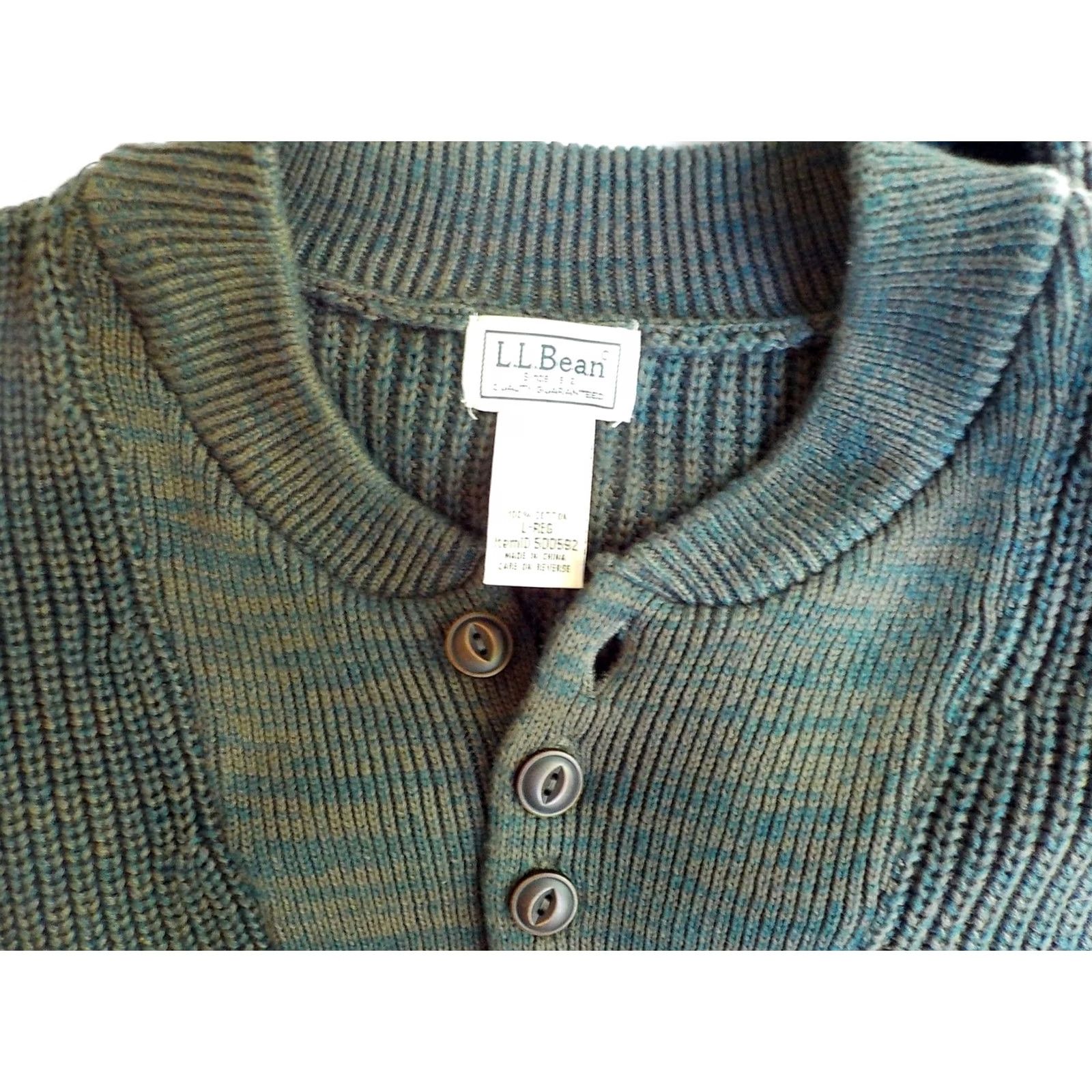 Vintage L. L. BEAN Sweater Henley 100% Cotton Green/Brown Large Mens Size US L / EU 52-54 / 3 - 4 Thumbnail