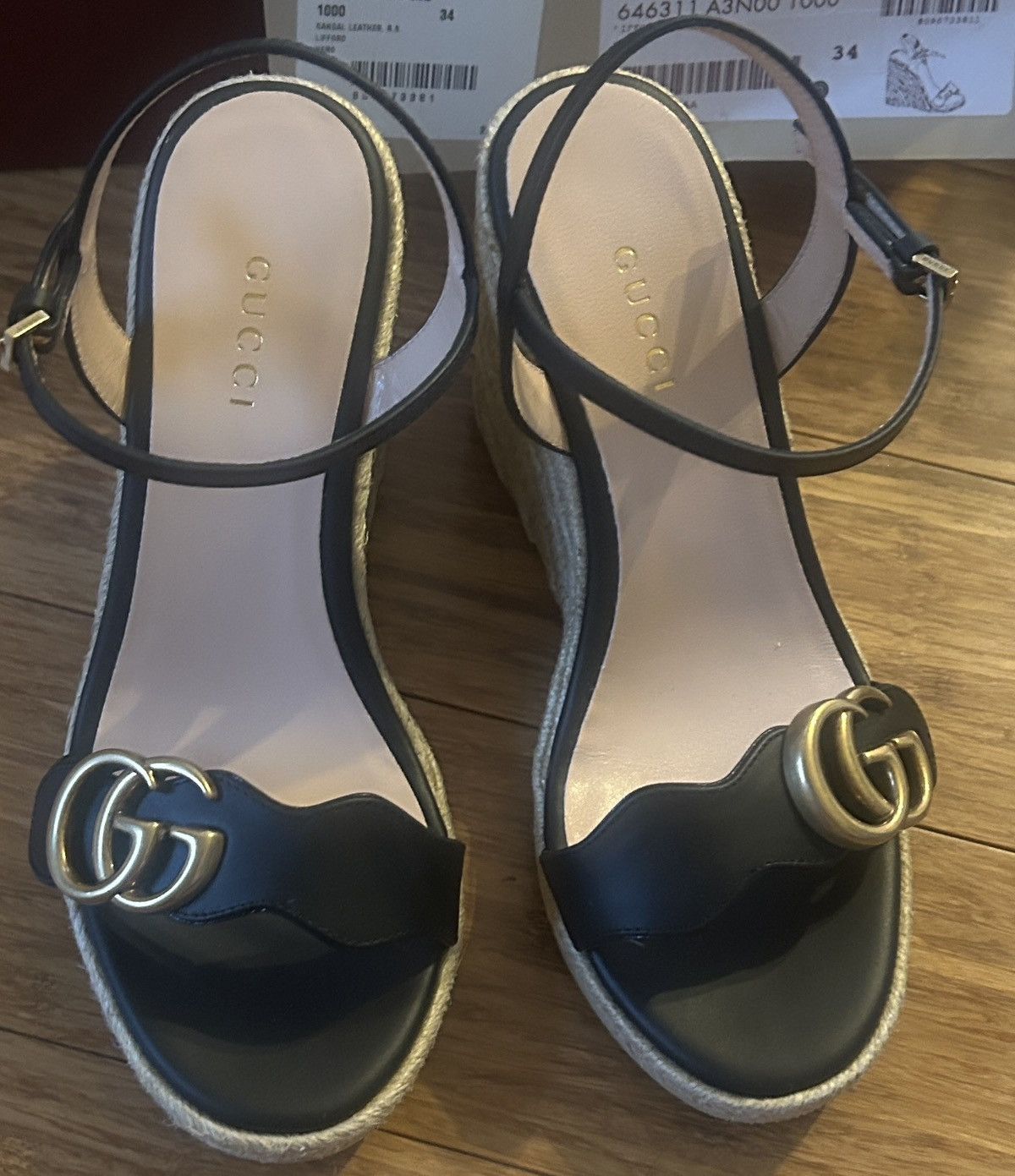 Gucci Gucci Double G 95mm Platform Espadrille Black Leather Sandal Size US 4.5 / IT 34.5 - 5 Thumbnail