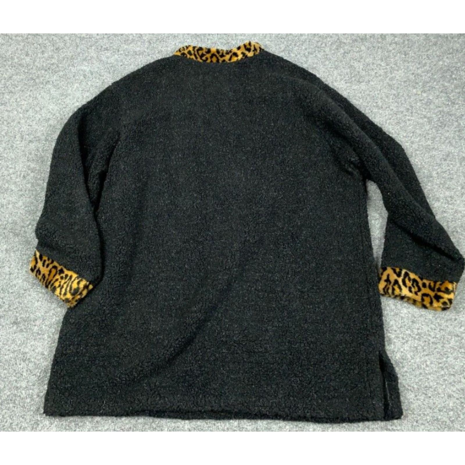 Etro VINTAGE 90s Leopard Trim Fleece Jacket Women's Medium Black 1/2 Zip USA Made Boho Hipster Retro - Hampton House Tag Size M / US 6-8 / IT 42-44 - 2 Thumbnail