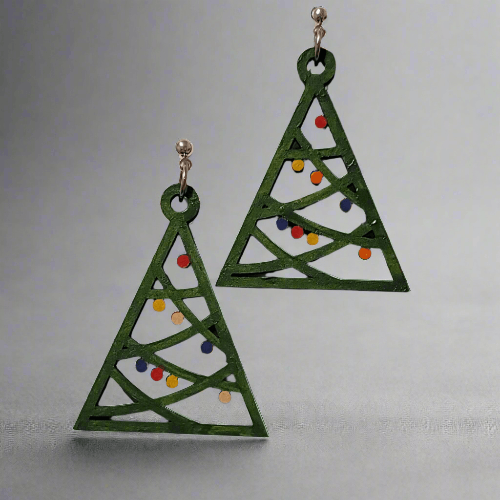 Handmade Hand Painted Triangle Christmas Tree Earrings Size ONE SIZE - 1 Thumbnail