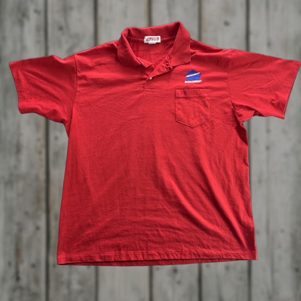 Jerzees VINTAGE Jerzees Polo Shirt Mens XL Pergament Management Pocket Embroidered USA Red Polo Shirt Work Mens XL Red Size US XL / EU 56 / 4 - 1 Thumbnail