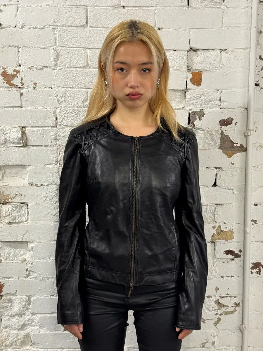 Vintage 2000s Plein Sud Lace Up Biker Black Leather Jacket Size S / US 4 / IT 40 - 2 Thumbnail