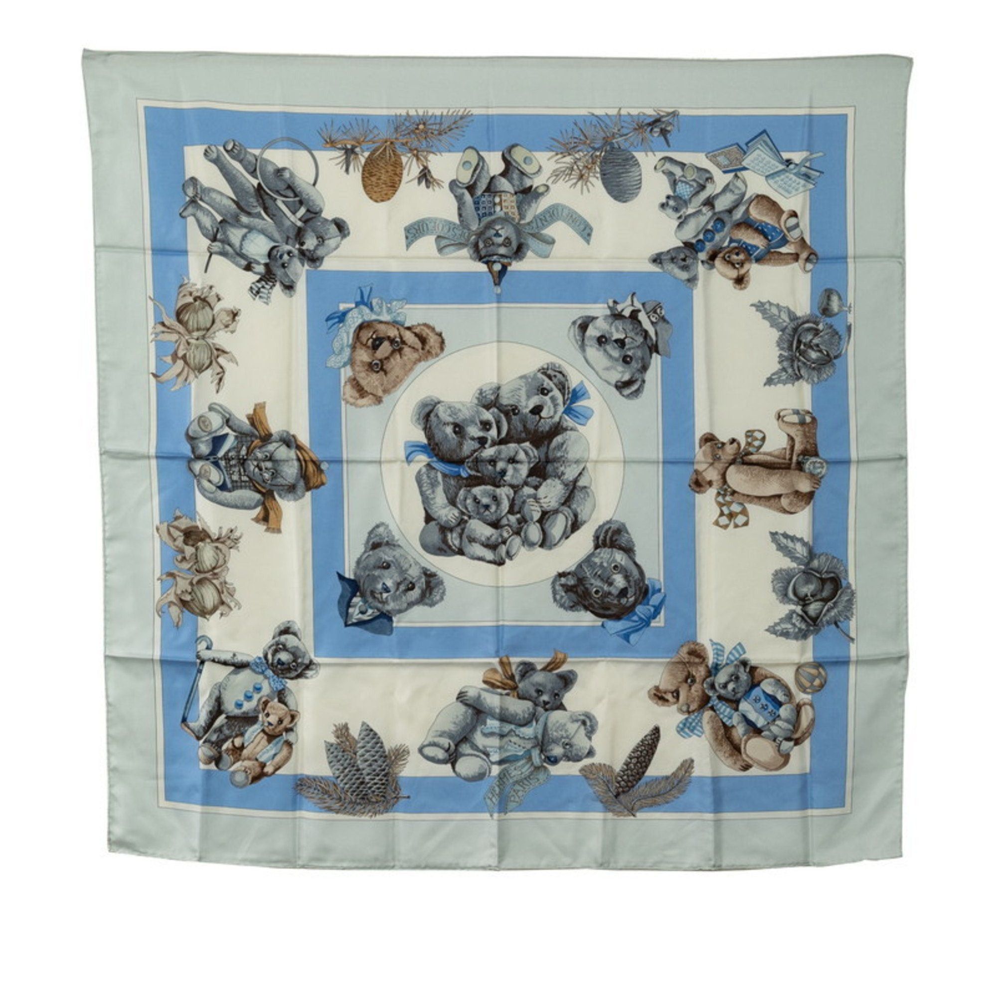 image of Hermes Carre 90 Confidents Des Coeurs Heart Friend Teddy Bear Scarf Muffler White Blue Multicolor S