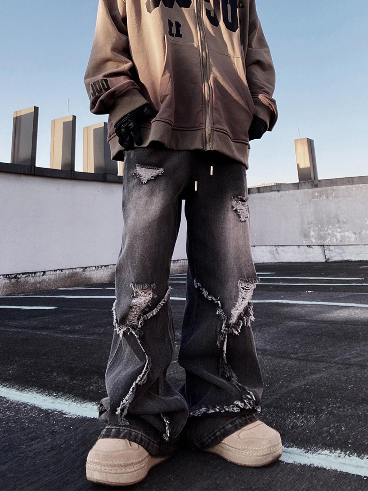 Japanese Brand Distressed Baggy Wide Leg Denim Jeans, Ripped Jeans Size US 32 / EU 48 - 5 Thumbnail