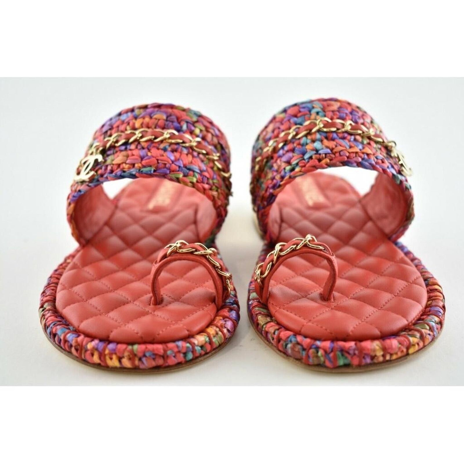 Chanel Chanel 20S Red Blue Purple Raffia Tweed CC Logo Mule Size US 6 / IT 36 - 6 Thumbnail