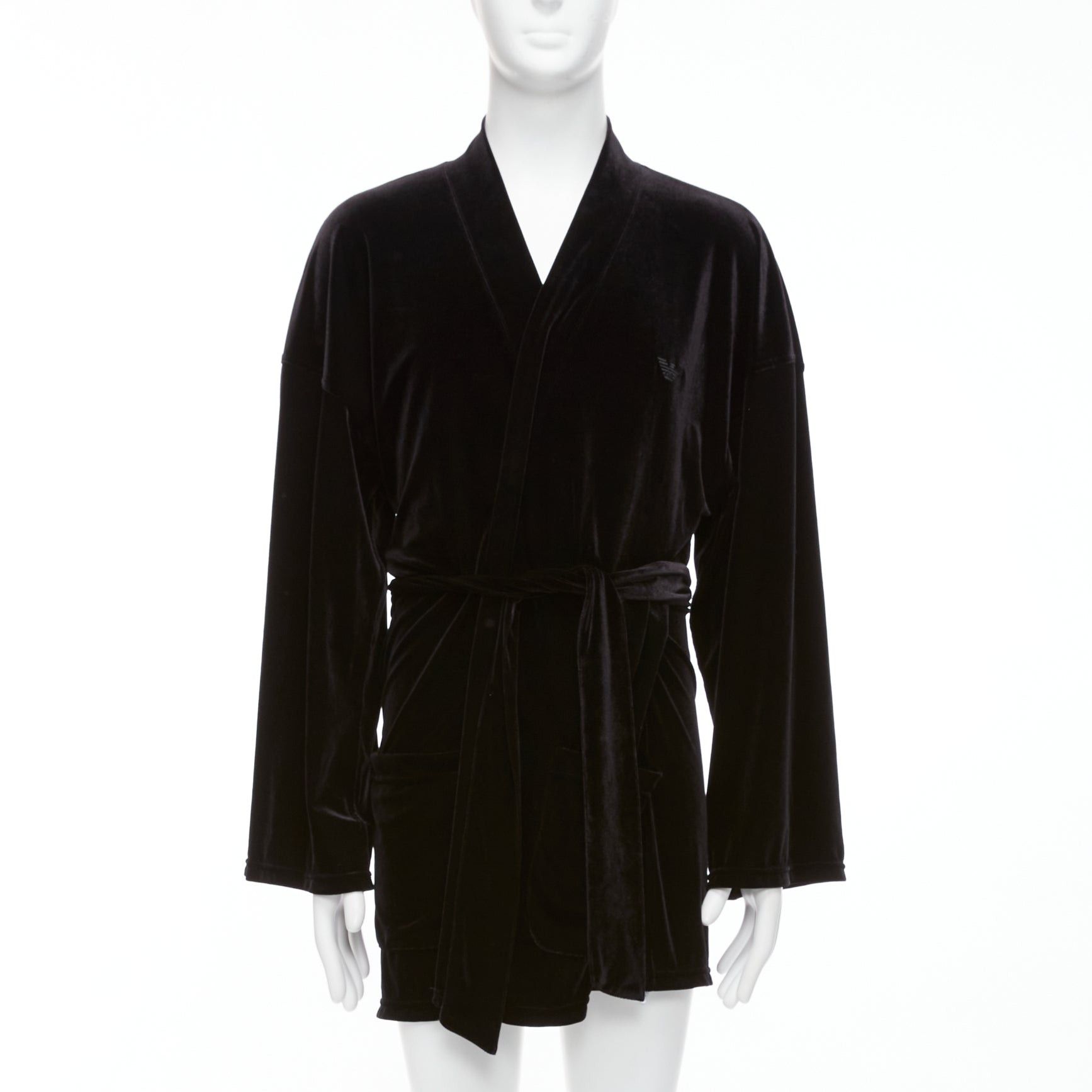 Emporio Armani EMPORIO ARMANI black velvet GA embroidered logo belted robe jacket M Size US M / EU 48-50 / 2 - 1 Thumbnail