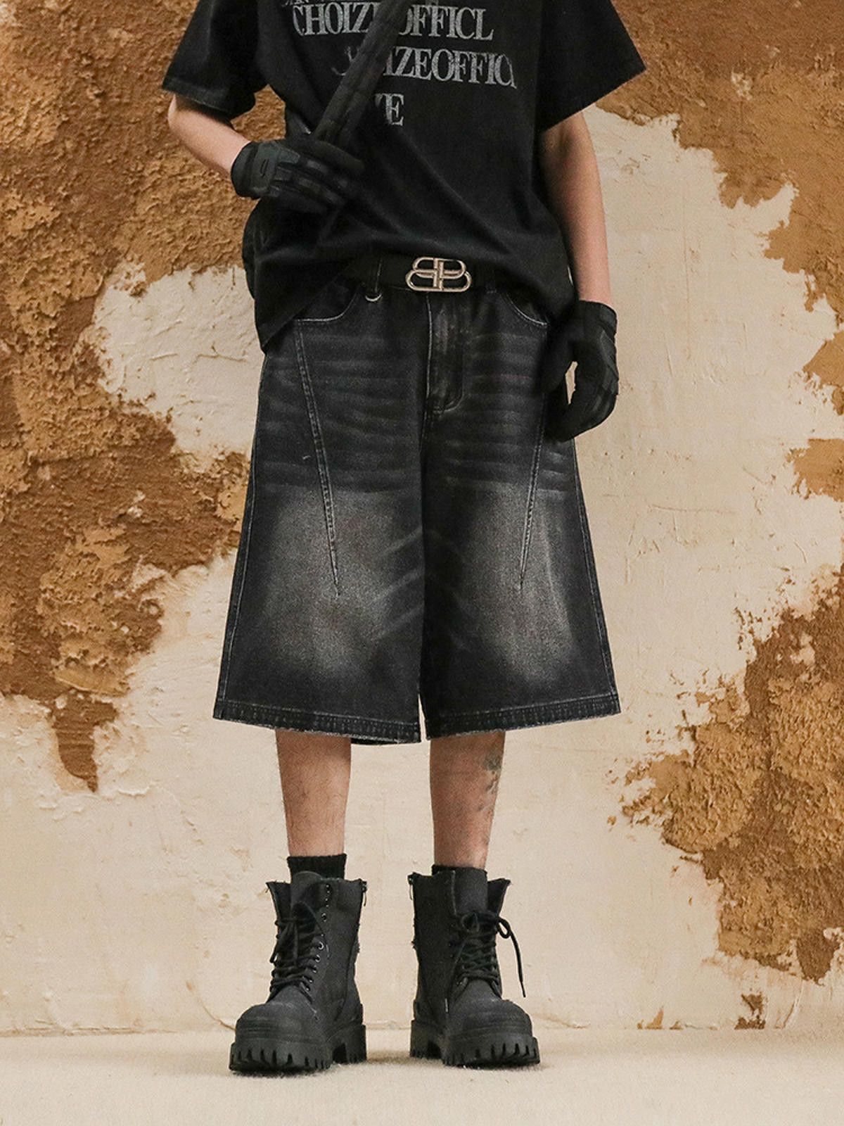 Japanese Brand Black Washed Denim Cargo Shorts Size US 32 / EU 48 - 1 Thumbnail