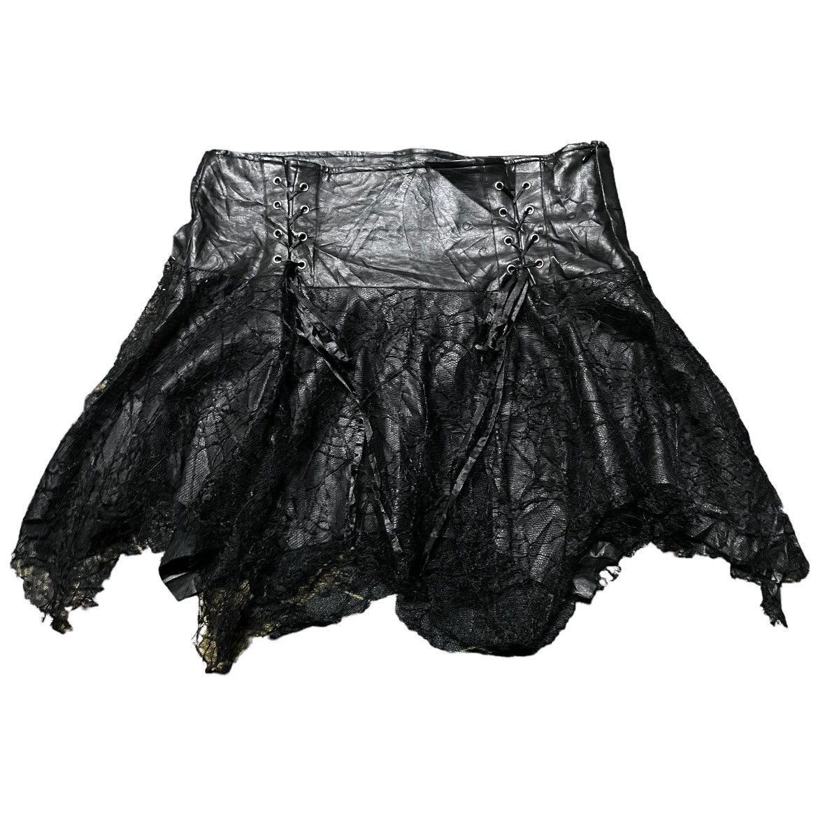 Japanese Brand × KMRii 💥- KMRII Ştyle Asymmetrical Mesh Layered Leather Skirt Size 29" - 2 Thumbnail