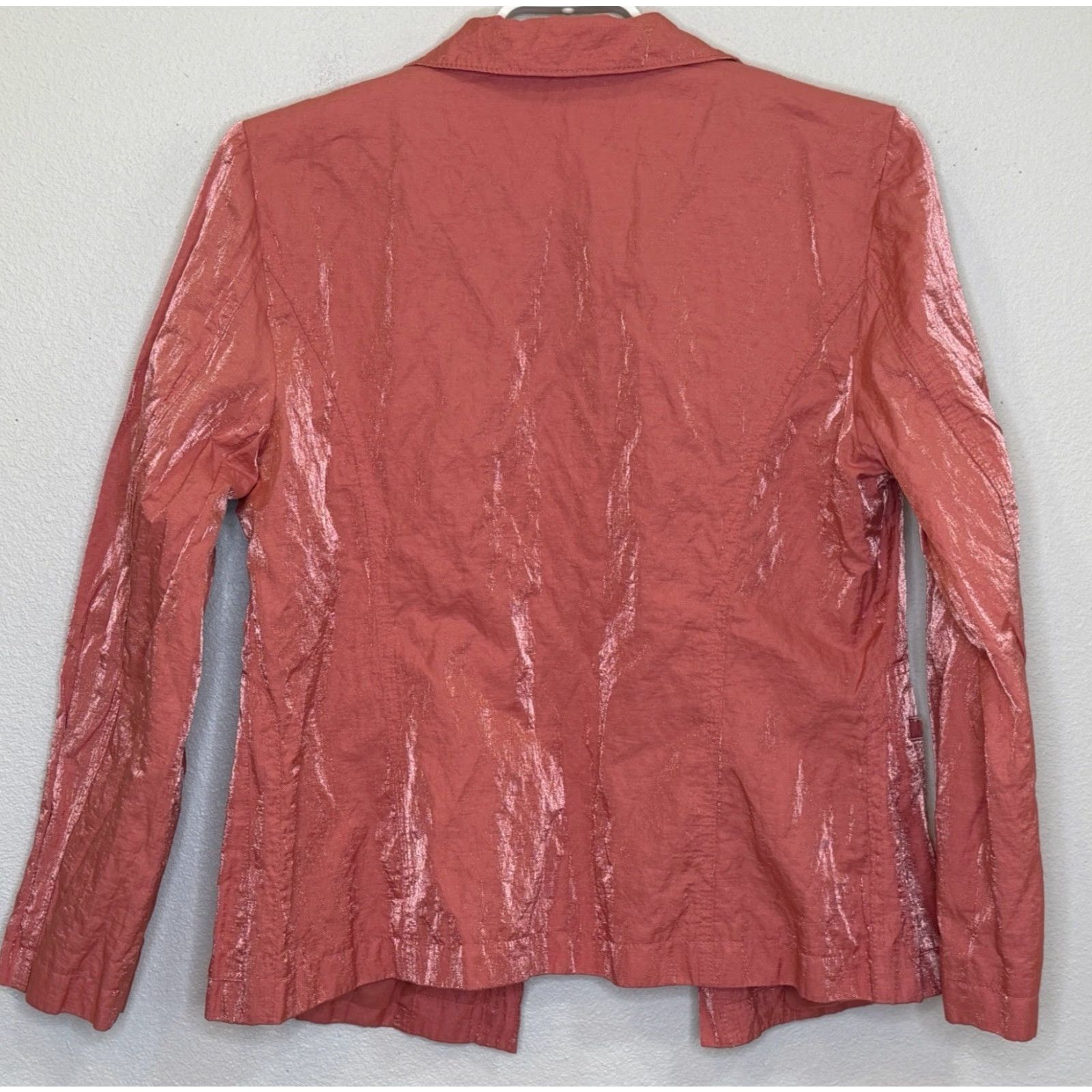 Vintage Chico’s Blazer Jacket Women’s 2 Metallic Orange Crinkle Long Sleeve Open Front Collared Pockets Short Length Business Casual Travel Size XS / US 0-2 / IT 36-38 - 6 Thumbnail
