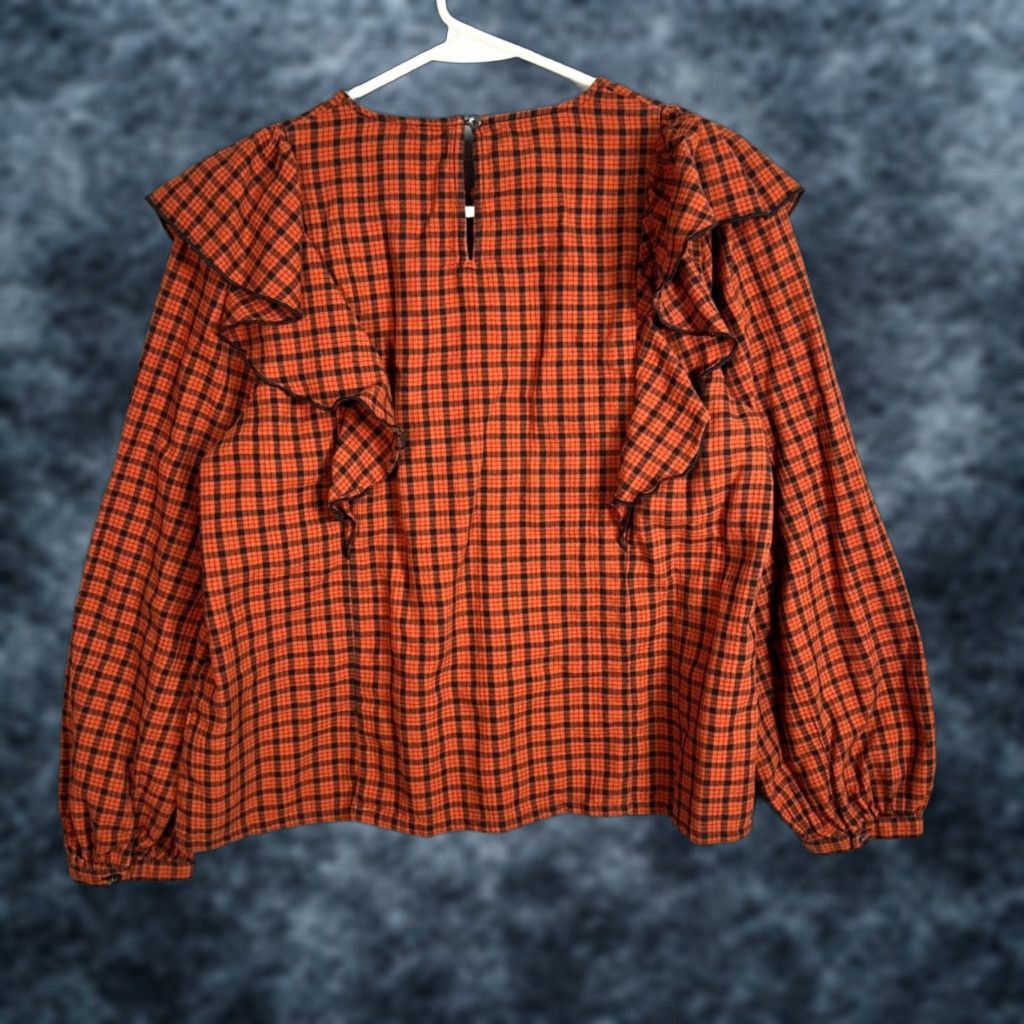 Madewell Madewell Shirt Womens Medium Orange & Black Plaid Ruffle Long Sleeve Top Size M / US 6-8 / IT 42-44 - 1 Thumbnail