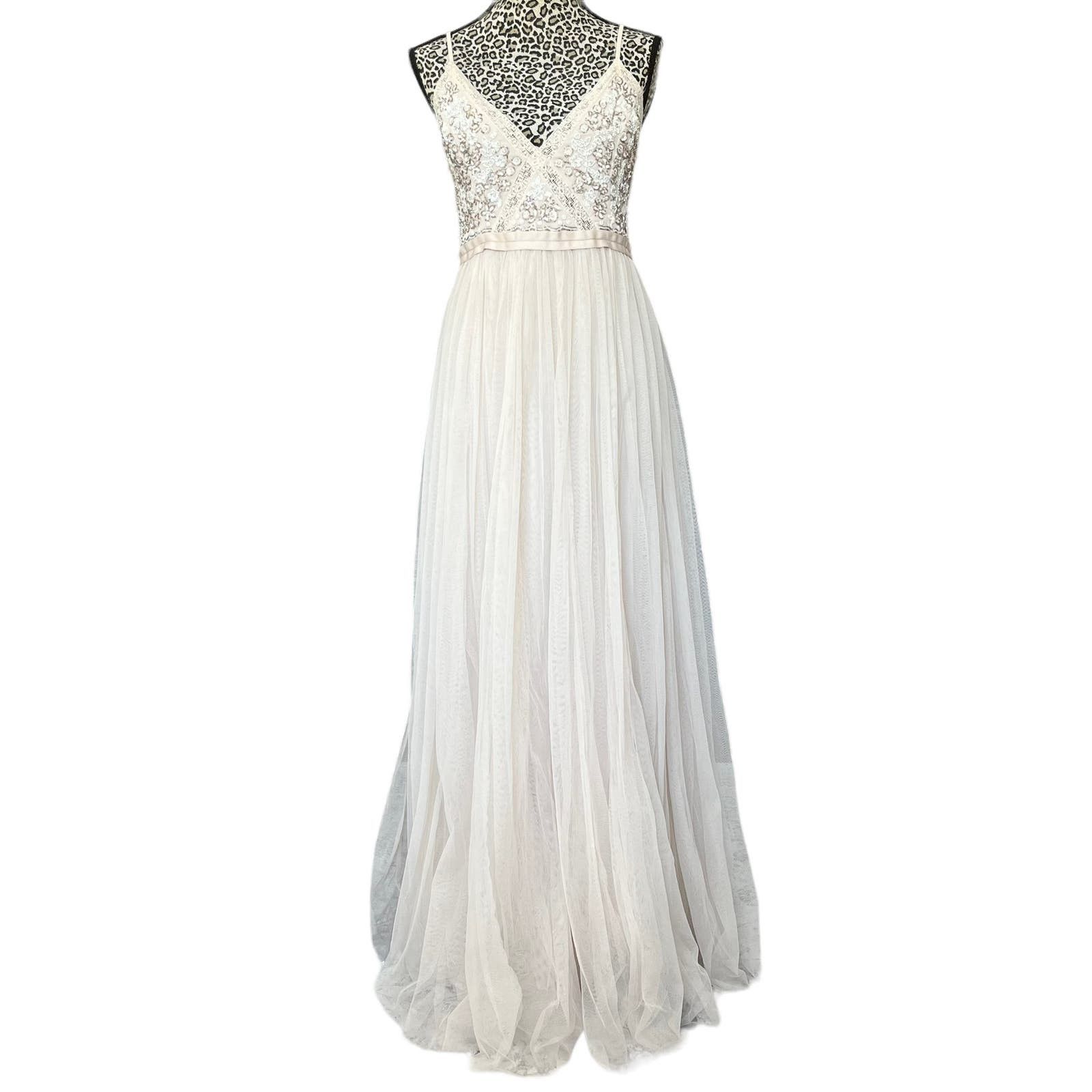 image of Needle & Thread V-Neck Cream Beaded Sleeveless Evening Gown, Women's (Size Large)