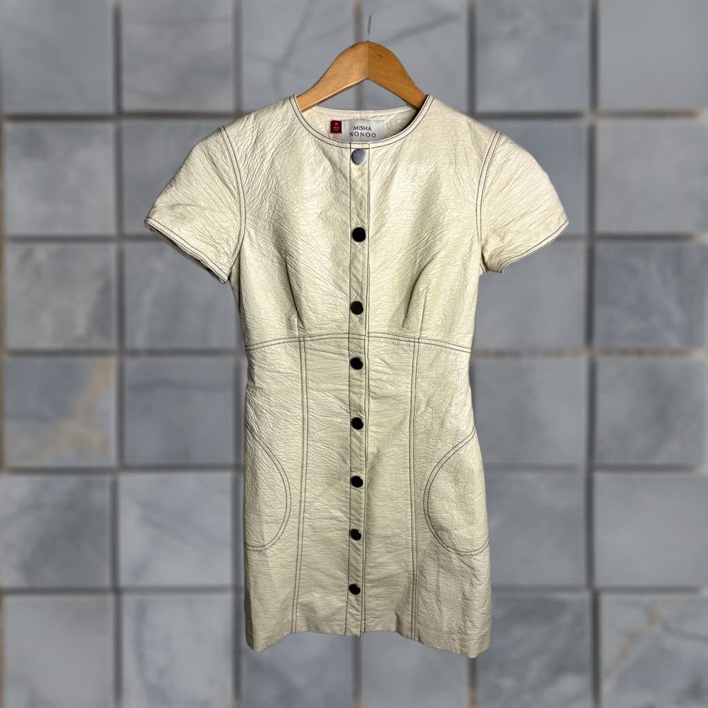 Vintage Misha Nonoo Dress Shirt Dress Women's Midi White Size 00 Faux Leather Cotton 8/10 Vintage? 2579 Size XXS / US 00 / IT 34 - 1 Thumbnail
