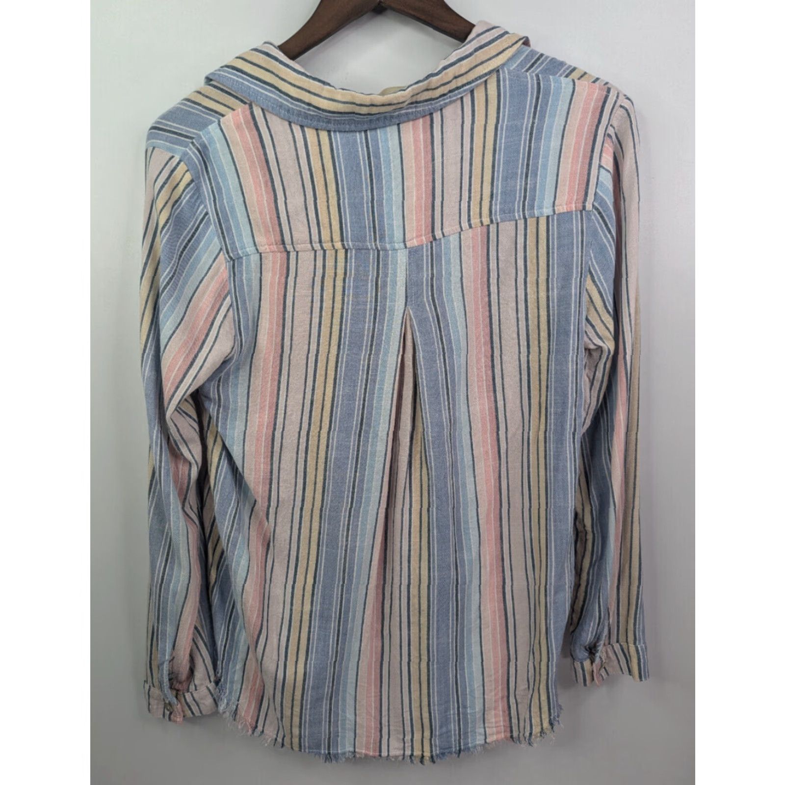 CLOT Cloth & Stone Button-Up Blouse Striped Multicolor Rayon Frayed Hem Raw Edge Size M Womens Size M / US 6-8 / IT 42-44 - 4 Thumbnail