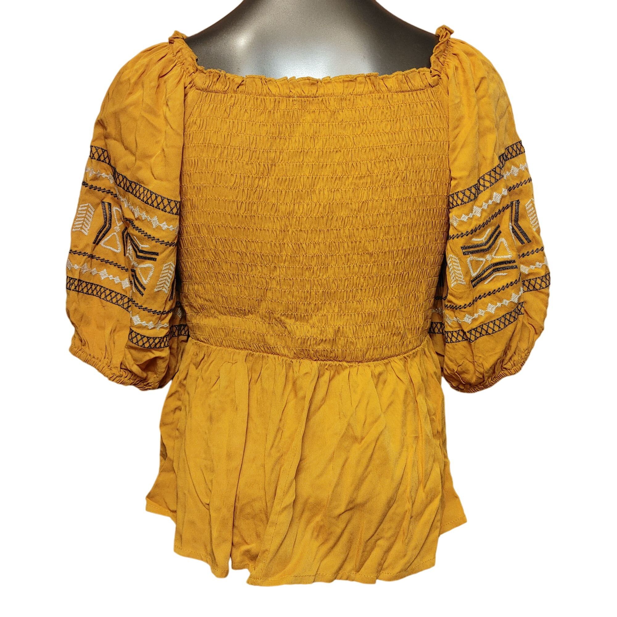 Other BeeVely Women's Yellow Smocked 3/4 Sleeve Boho Top Large Size L / US 10 / IT 46 - 2 Thumbnail