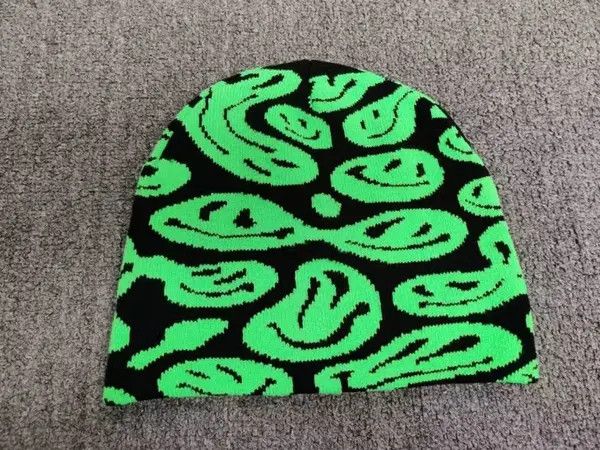Japanese Brand Trippy Smiley Acid Emoji Graphic No Cuff Beanie Hat Black Size ONE SIZE - 3 Thumbnail