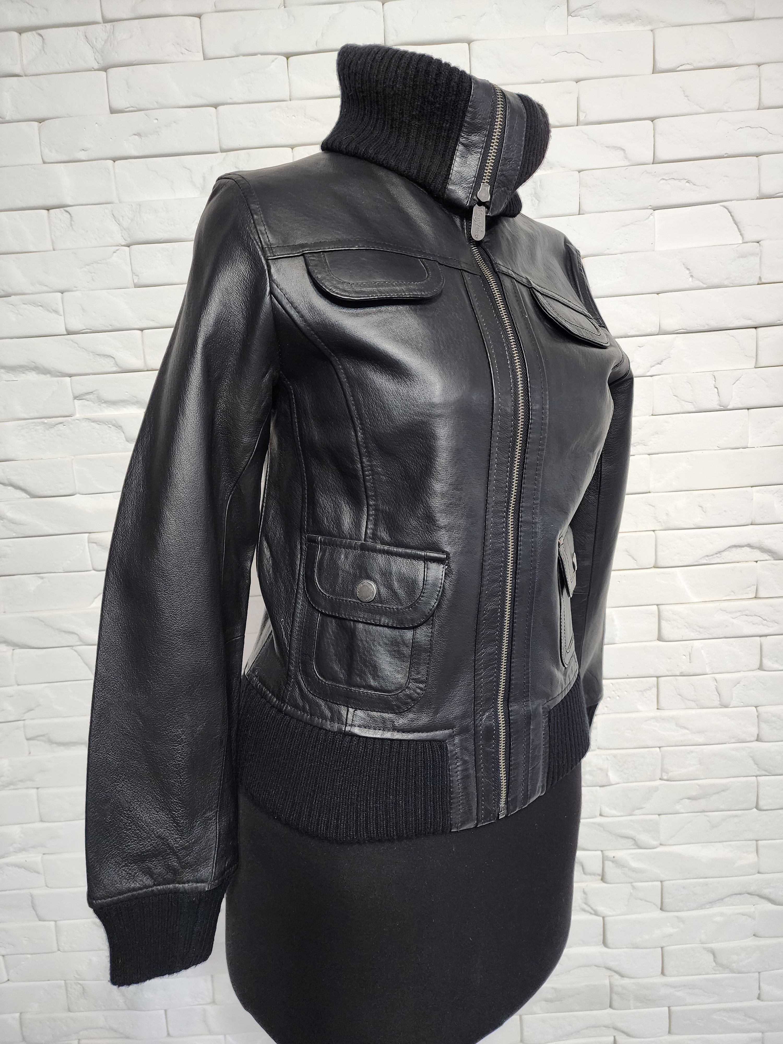 Other Black Leather Jacket: Women's Zip-Up Bomber with Knit Trim Size M / US 6-8 / IT 42-44 - 3 Thumbnail