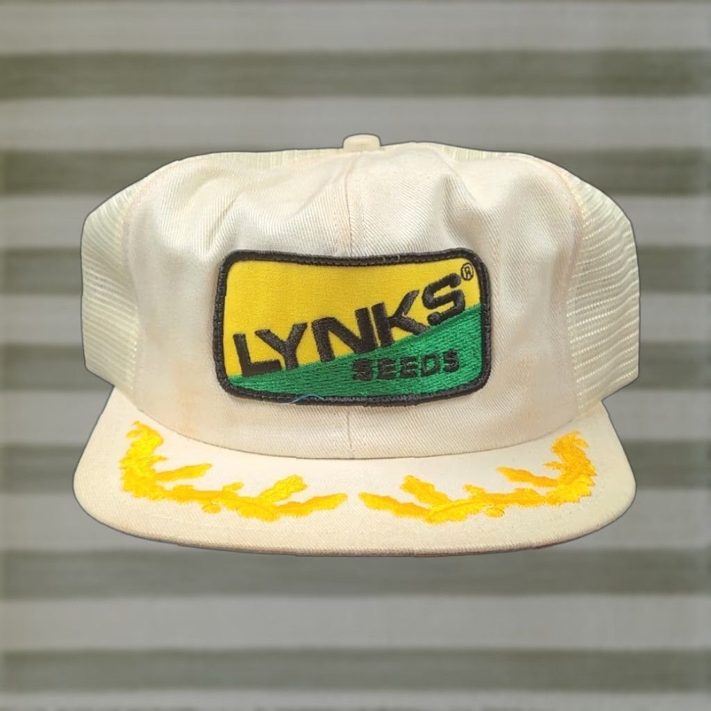 Vintage VINTAGE K-Products USA MADE Lynks Seeds Farm Patch Trucker Hat/Cap Oak Leaves White Adjustable Men Hats USA Farming 90s Concert Event Theme Mens Size ONE SIZE - 1 Thumbnail