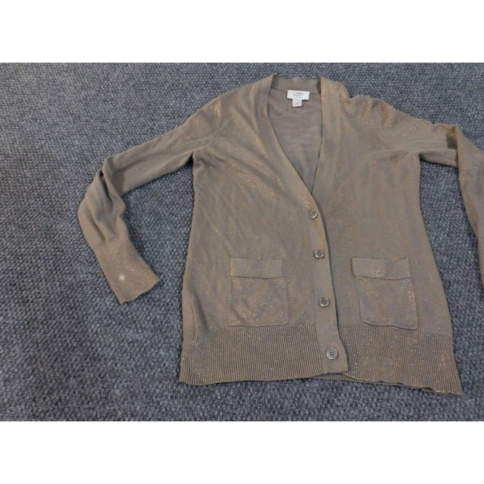 Ann Taylor Ann Taylor LOFT Cardigan Sweater Womens Small Petite Brown Gold Metallic Pockets Knit V-Neck Lightweight Shimmer Size S / US 4 / IT 40 - 4 Thumbnail