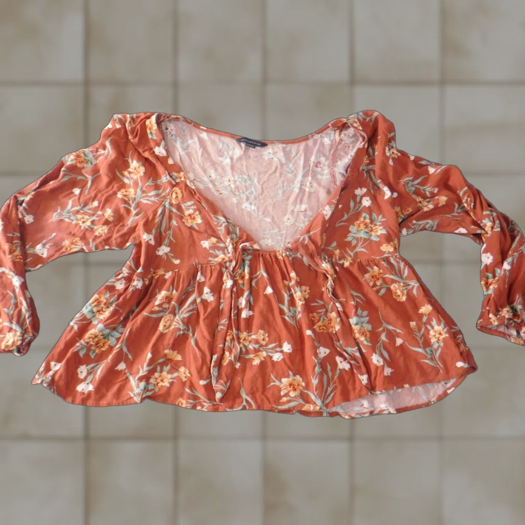 American Eagle Outfitters American Eagle Outfitters Blouse Womens XL Orange Floral Raglan Sleeve Long Sleeve Knit Viscose Basic Casual All Seasons Modern Size XL / US 12-14 / IT 48-50 - 1 Thumbnail