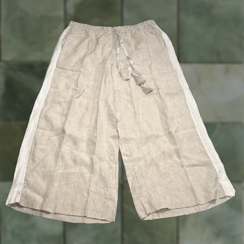 J.Crew J. Crew Pants Wide-Leg Cropped Linen Beige White Side Stripe L Womens casual Beach Bohemian Festival 90s Size 36" / US 14 / IT 50 - 1 Thumbnail