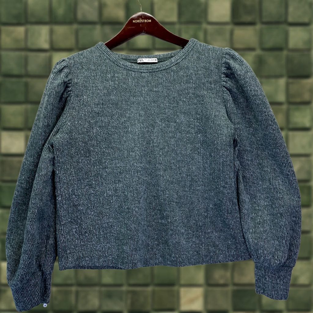 Zara Zara Women’s L Crop Balloon Sleeve Green Knit Sweater Top-4069 Size L / US 10 / IT 46 - 1 Thumbnail