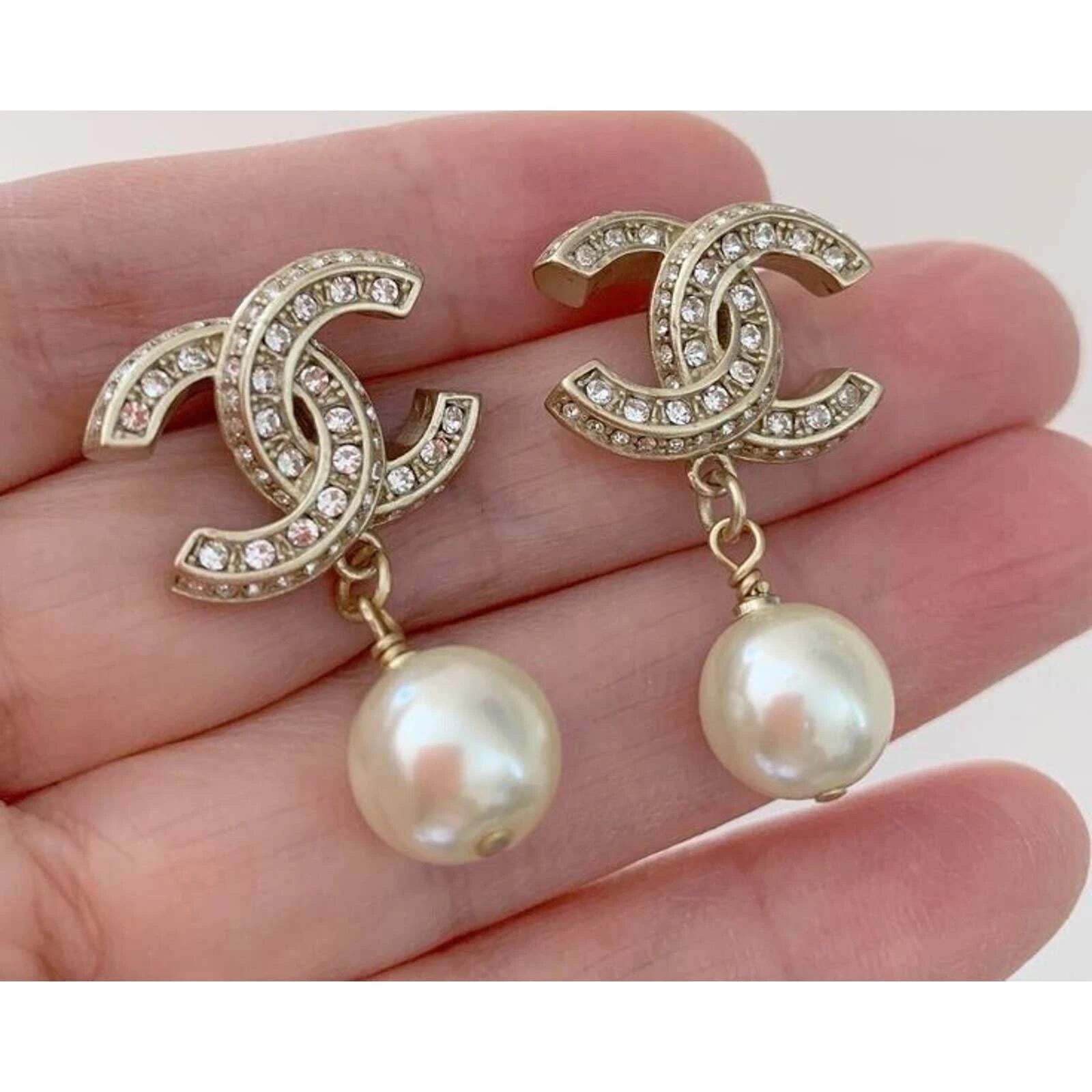 Chanel Chanel Gold Resin Crystal Pearl Statement Stud Drop Earrings Size ONE SIZE - 5 Thumbnail