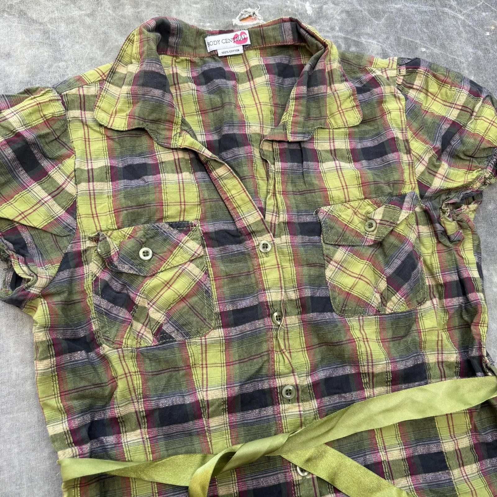 Vintage Vintage Y2K Lime Green Plaid Pink Waist Tie Button Up Shirt Size S / US 4 / IT 40 - 3 Thumbnail