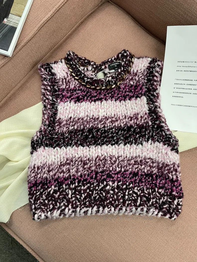 Chanel Chanel Purple striped chain rolled-edged thick knitted ves Size XXS / US 00 / IT 34 - 2 Thumbnail