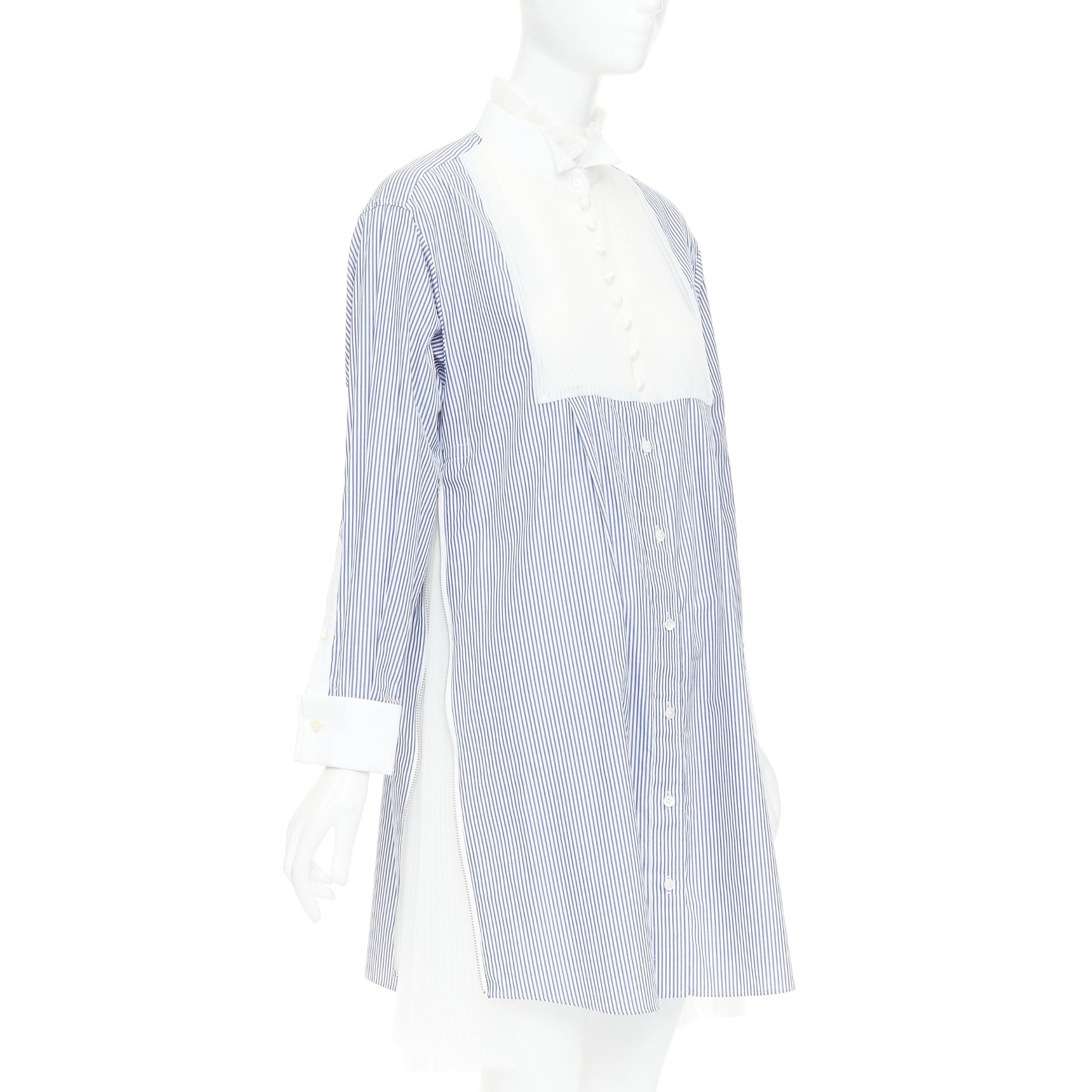 Sacai SACAI 2017 blue white striped cotton poplin bib collar ruffle shirt dress JP1 S Size S / US 4 / IT 40 - 1 Thumbnail