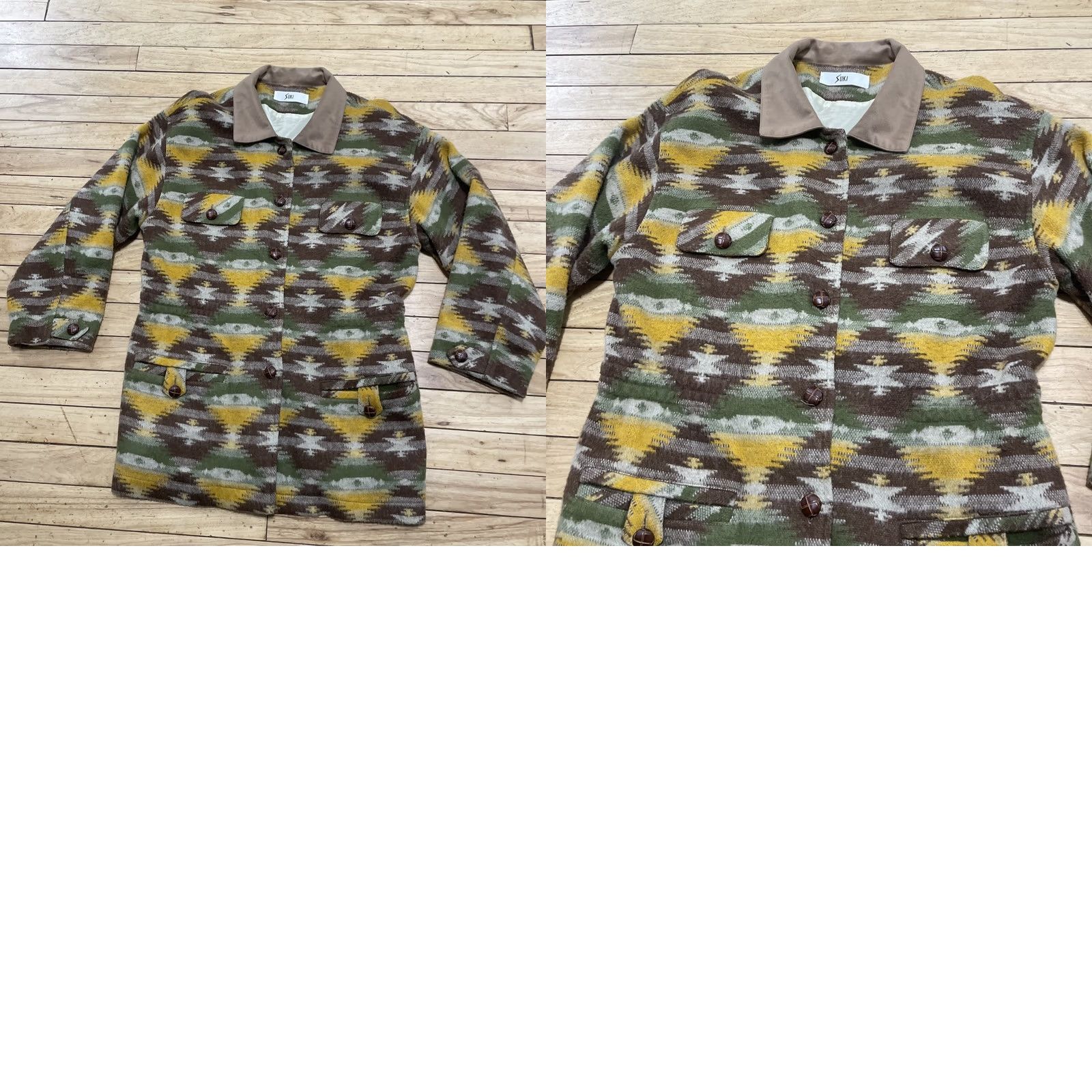 Vintage SUKI Southwestern Jacket Women M Lined Shacket Brown Buttons Green Yellow Hippie Size M / US 6-8 / IT 42-44 - 11 Thumbnail