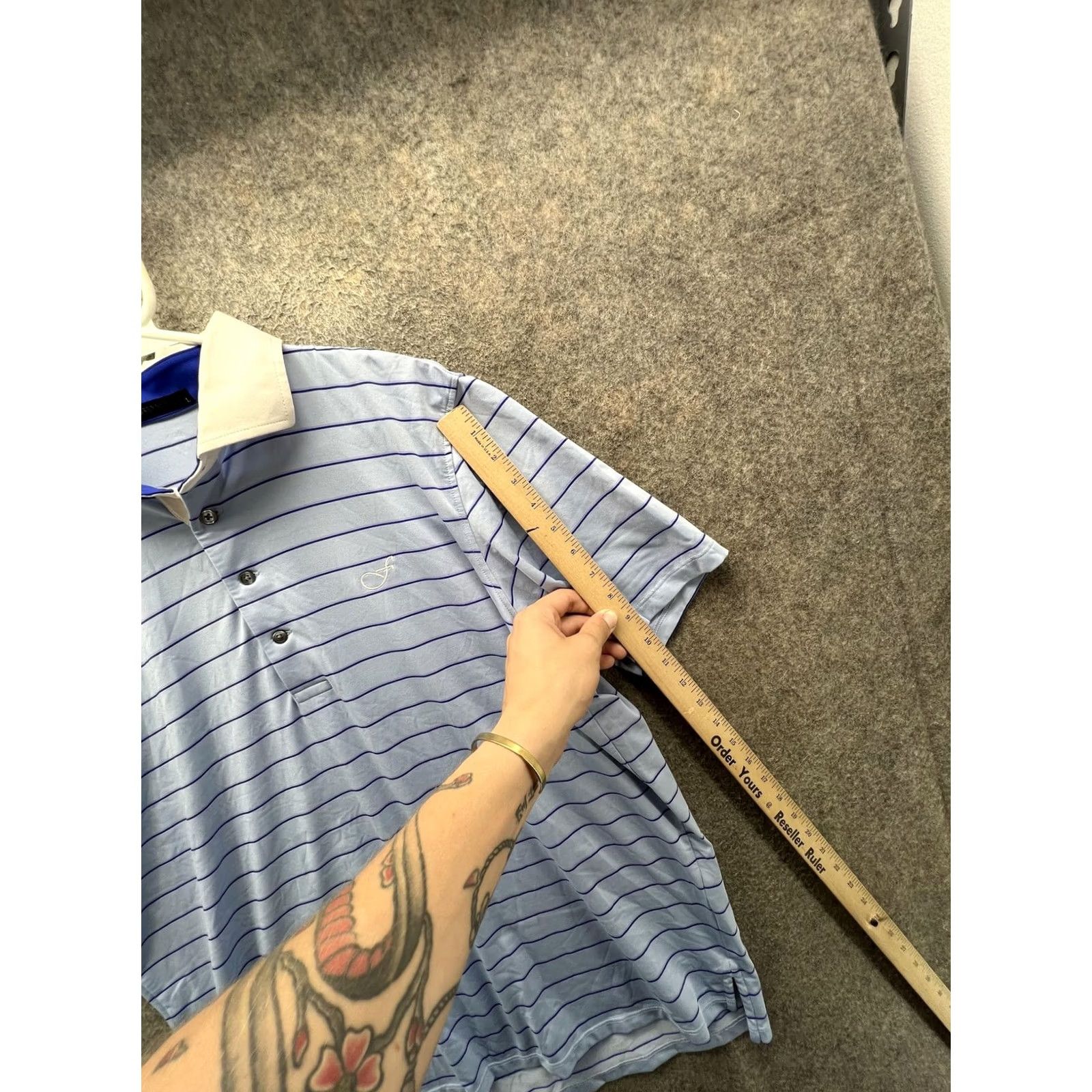 Vintage Greyson Polo Shirt Mens Large Blue Stripe Short Sleeve Golf Performance Stretch Polo Shirt Mens L Blue Striped Short Sleeve Size US L / EU 52-54 / 3 - 6 Thumbnail