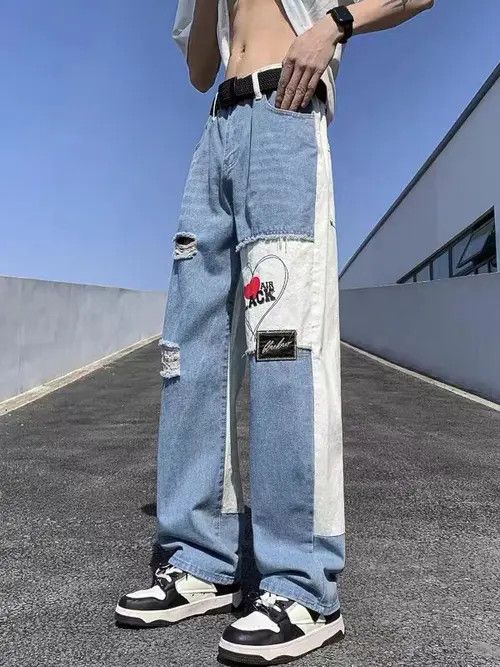 VIBE Street hip-hop blue and white patchwork washed jeans Size US 30 / EU 46 - 5 Thumbnail