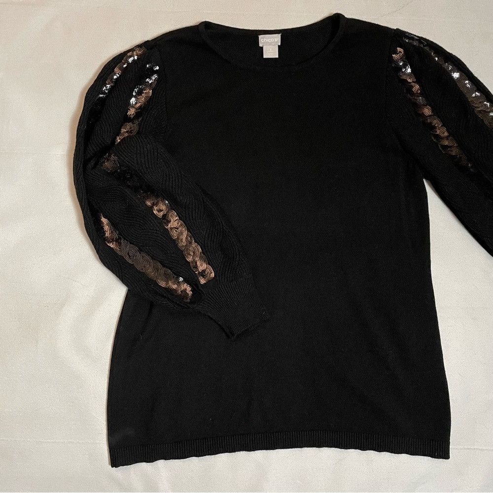 Chicos Chico's Black Textured Pullover With Sequin Sleeves Size 2 Size L / US 10 / IT 46 - 6 Thumbnail