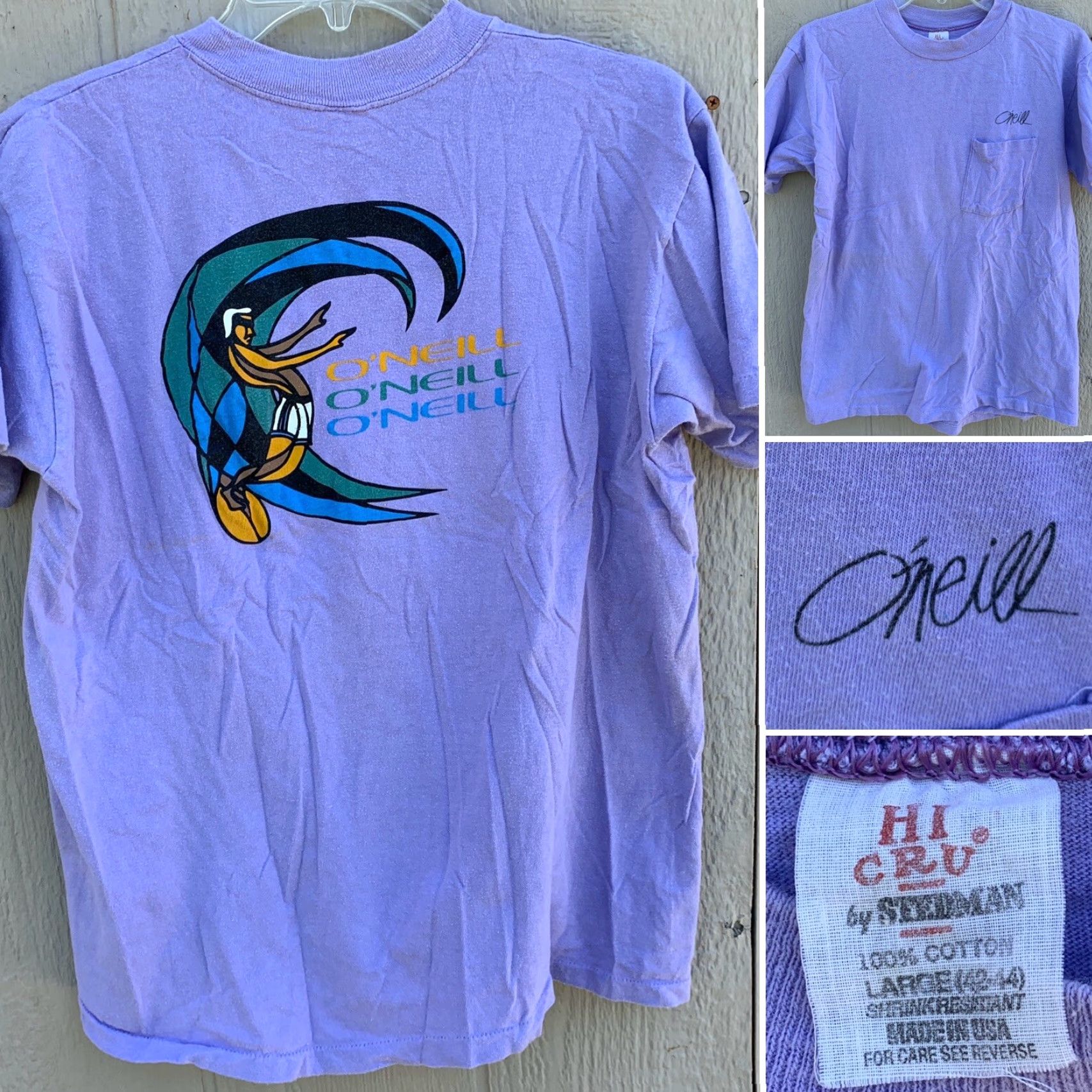 O'Neill VINTAGE O’Neill Pocket Tee T Shirt Surf Surfer Surfboard Graphics HI CRU Label L Men Purple 1970s 1980s Sportswear/Beach Shirt Size US L / EU 52-54 / 3 - 6 Thumbnail