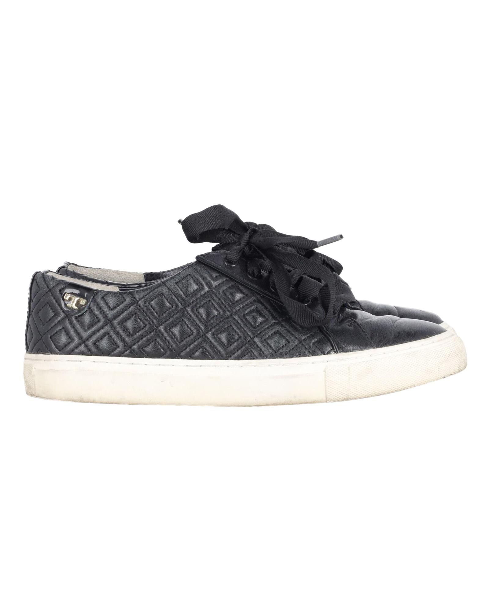 image of Tory Burch Quilted Leather Low Top Sneakers With T Hardware in Black, Women's (Size 7)