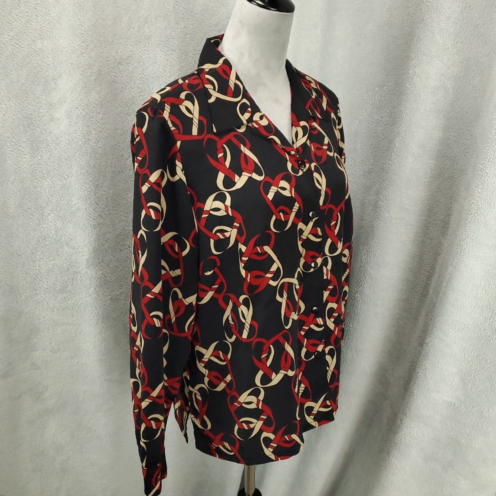 Vintage Donnkenny Blouse Womens Petite Medium Black Red Geometric Camp Button Up READ Reading? Size M / US 6-8 / IT 42-44 - 2 Thumbnail