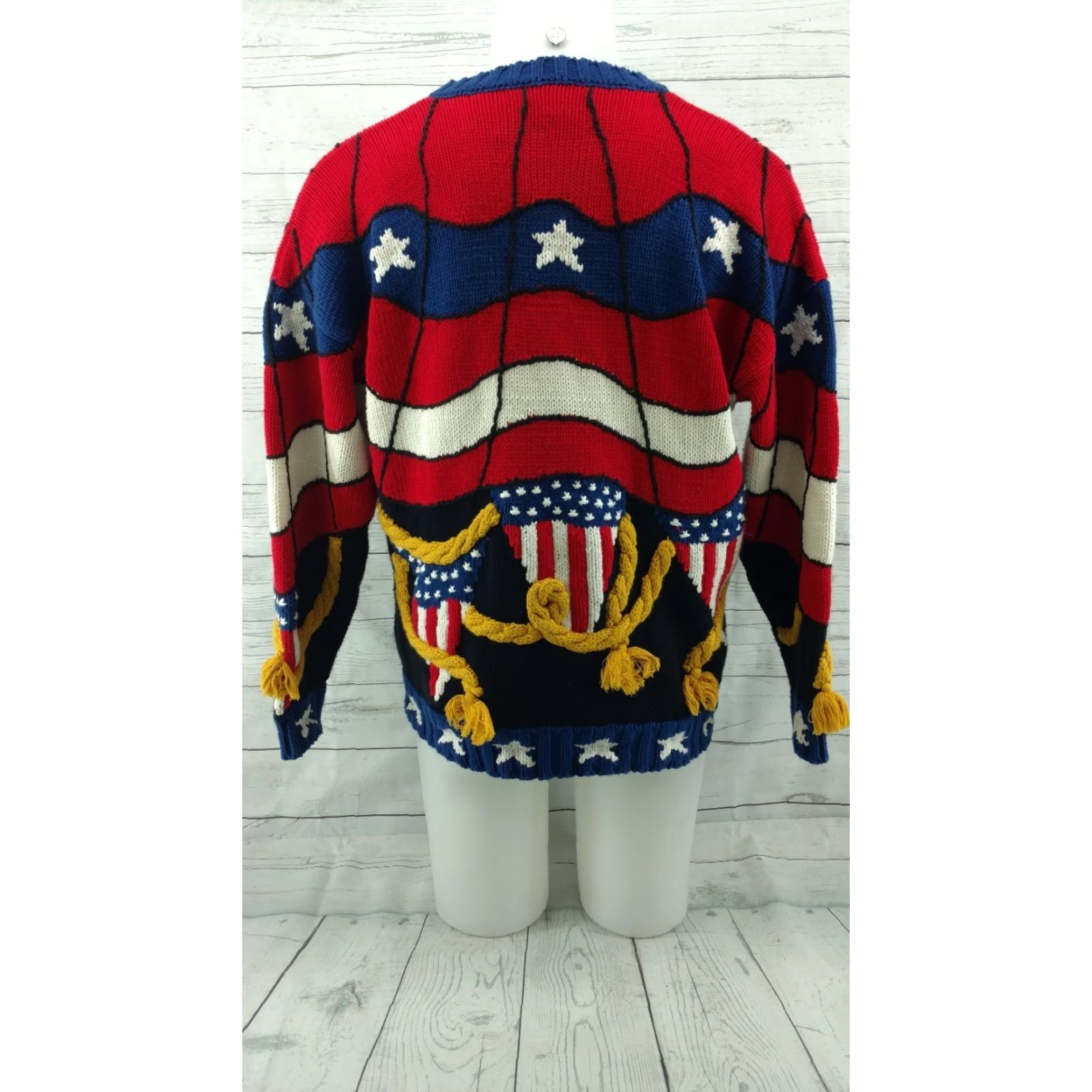 VINTAGE Just Better Sweaters Sweater Women M Multicolor Patriotic Hand Knitted V-Neck Long Sleeve Size M 100% Cotton Boye Patriotic 90s
