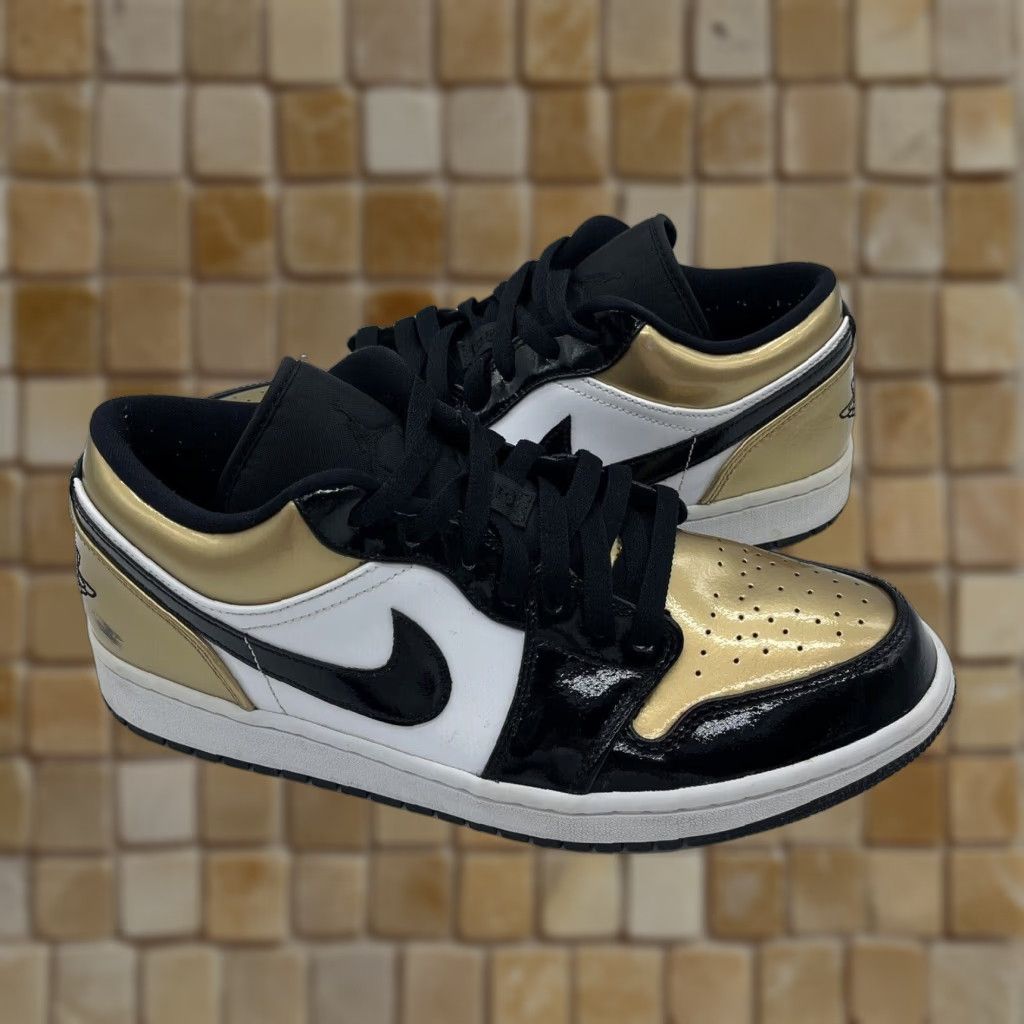 Jordan Brand Nike Air Jordan 1 Low Gold Toe Sneakers CQ9447-700 Men 10 Shoes Patent Leather Black White Gold Swoosh Wing Mens Shoes Size US 9 / EU 42 - 1 Thumbnail
