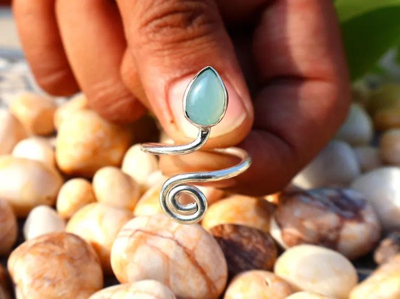 Handmade Chalcedony Ring, Handmade Pear Gemstone, March Birthstone Size ONE SIZE - 4 Thumbnail