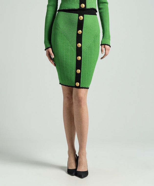 Balmain o1s1wg110825 Ribbed Pointelle Knit Mini Skirt in Green Size 28" / US 6 / IT 42 - 2 Thumbnail