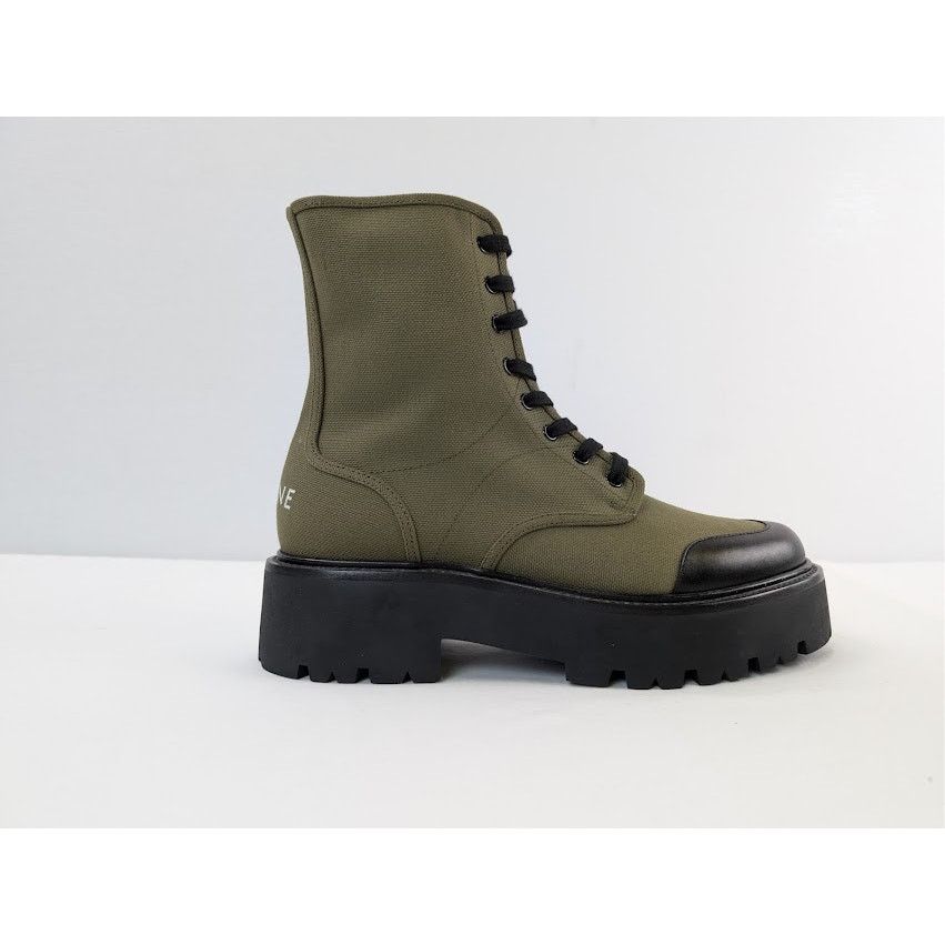 Celine o1rshd1 Canvas Bulky Shiny Lace-Up Boots Olive Green / Black Size US 9 / EU 42 - 2 Thumbnail