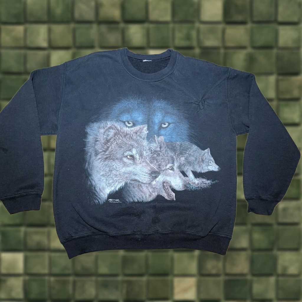Vintage VINTAGE 90s Wolf Print Crewneck Sweatshirt L Black Men Sweatshirt 90s Style Pullover Animals Mens Size US L / EU 52-54 / 3 - 1 Thumbnail