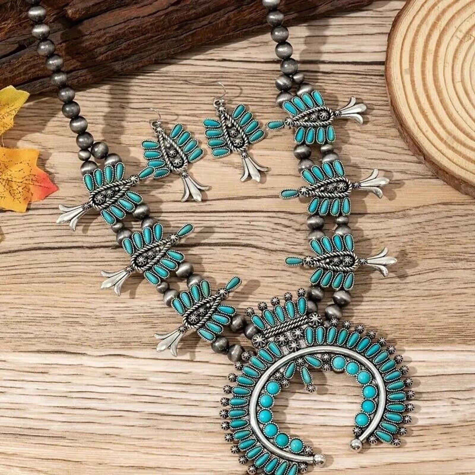 Other Faux Turquoise Squash Blossom Necklace & Earrings Set •NIce Size ONE SIZE - 3 Thumbnail