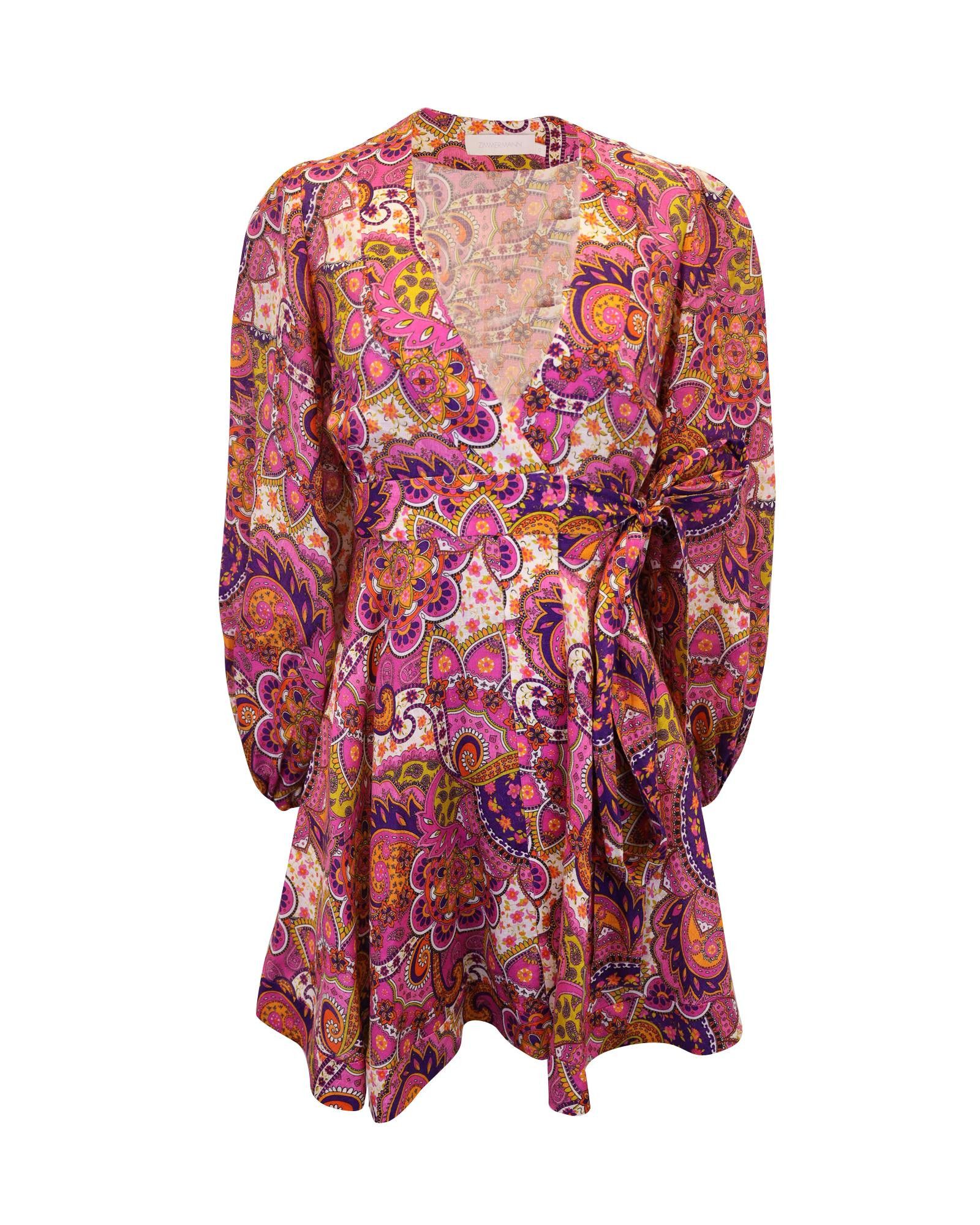 image of Zimmermann Multicolor Paisley-Print Wrap Mini Dress In Linen, Women's (Size XS)