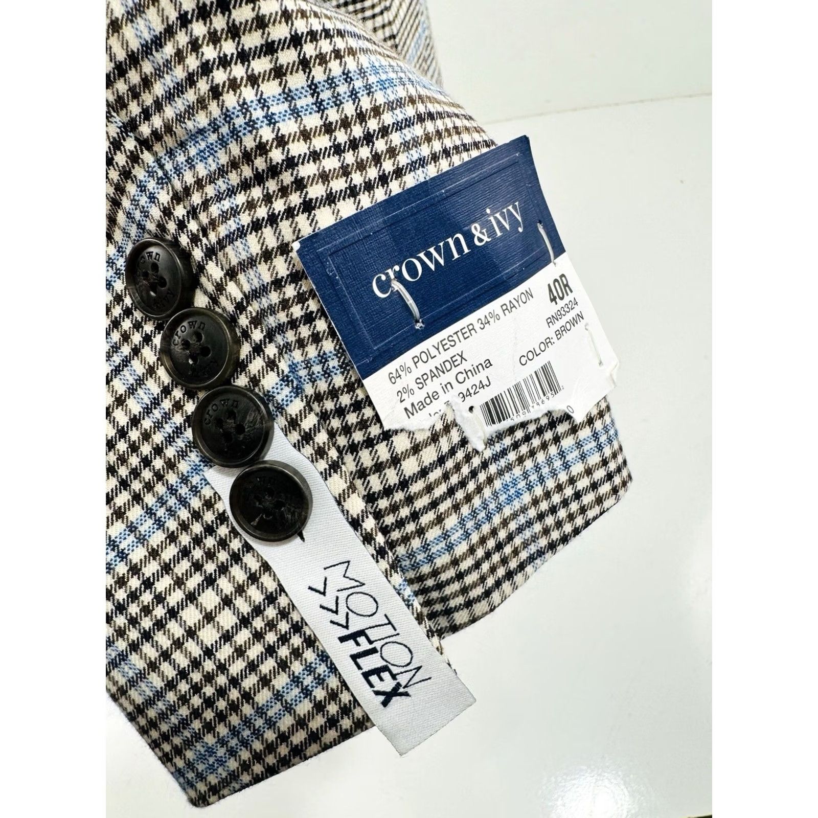 Vintage CROWN & IVY Blazer Plaid Mens 40 R Blue Brown White Poly Blend Jacket Adults Men Size 40/Regular Vintage? Size 40R - 3 Thumbnail