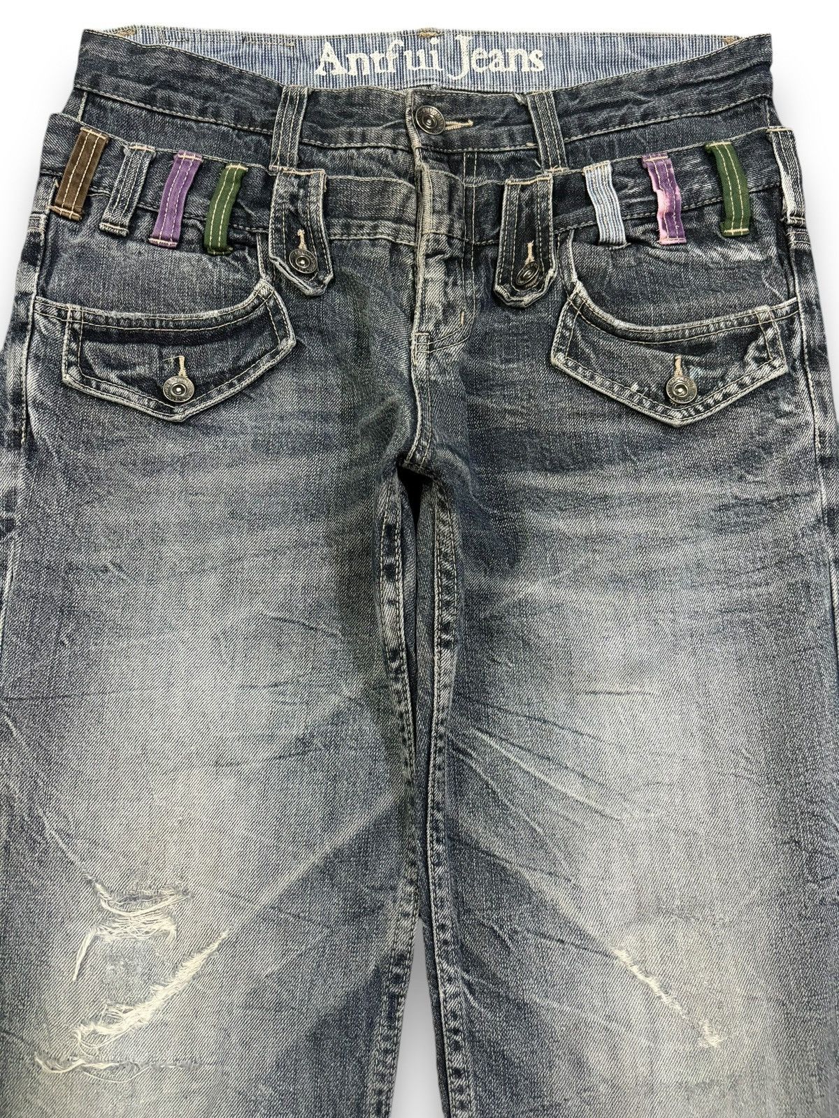 14th Addiction Japanese Brand Double Waist Cracked Wash Loose Ripped Jeans Size US 33 - 3 Thumbnail