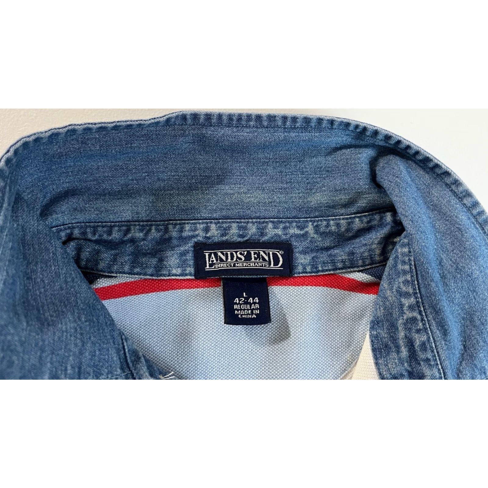 Lands' End Lands' End Polo Shirt Striped Denim Collar Sz L Men’s Short Sleeve Multicolor Cotton Polo Size US L / EU 52-54 / 3 - 6 Thumbnail