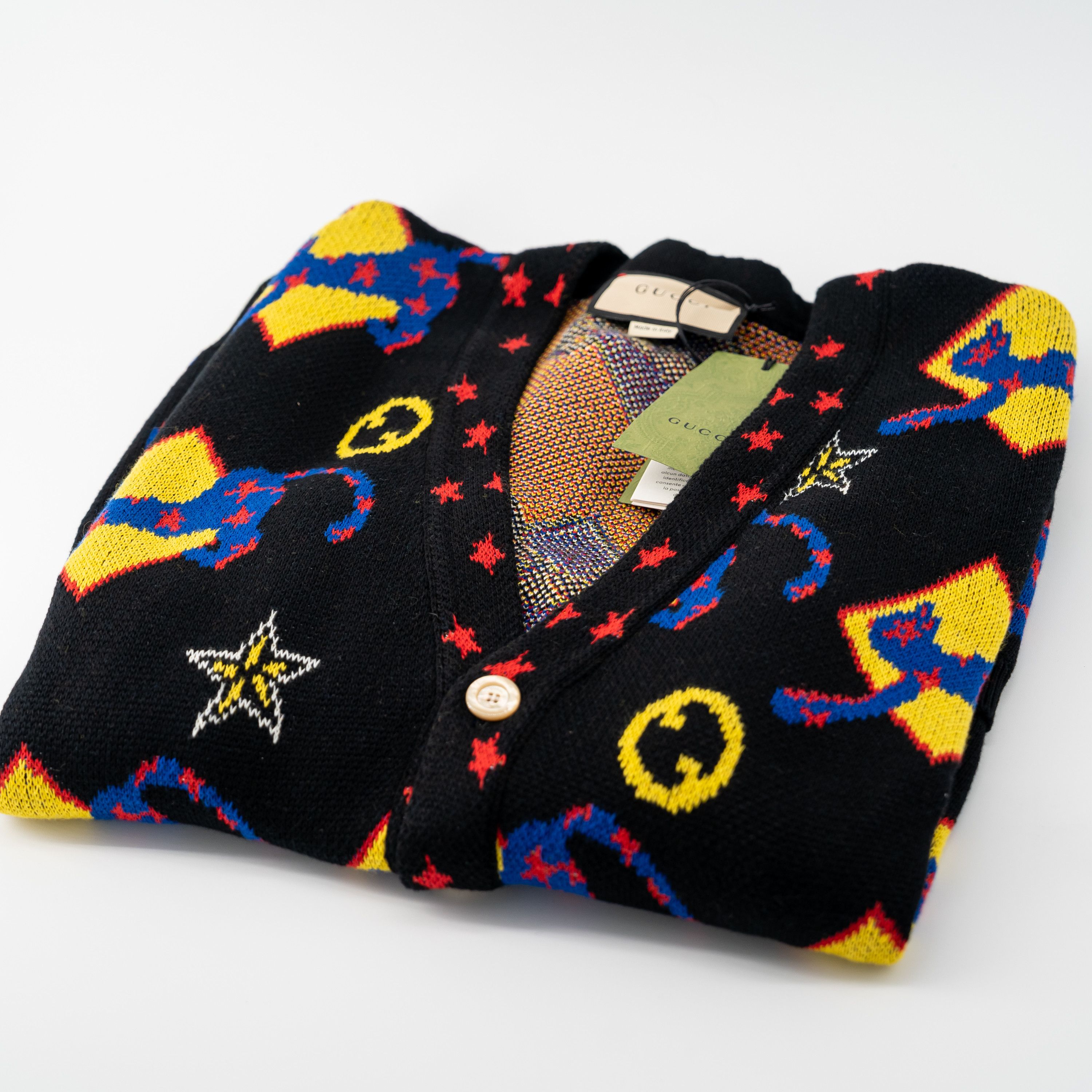 Gucci M Gucci GG Cat Graphic Logo Intarsia Cardigan Black Yellow Size US M / EU 48-50 / 2 - 6 Thumbnail
