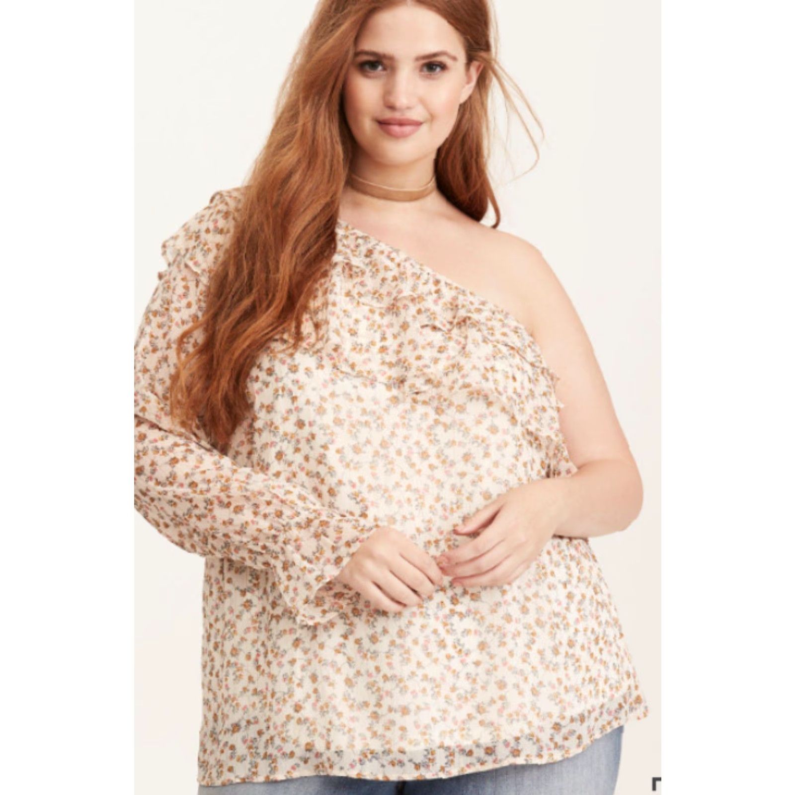 Torrid Torrid Floral Print Ruffled On-Shoulder Top Womens Cream Chiffon 2X Blouse Floral Pattern Plus Size 2X Short Sleeve? Size XXL / US 16-18 / IT 52-54 - 2 Thumbnail